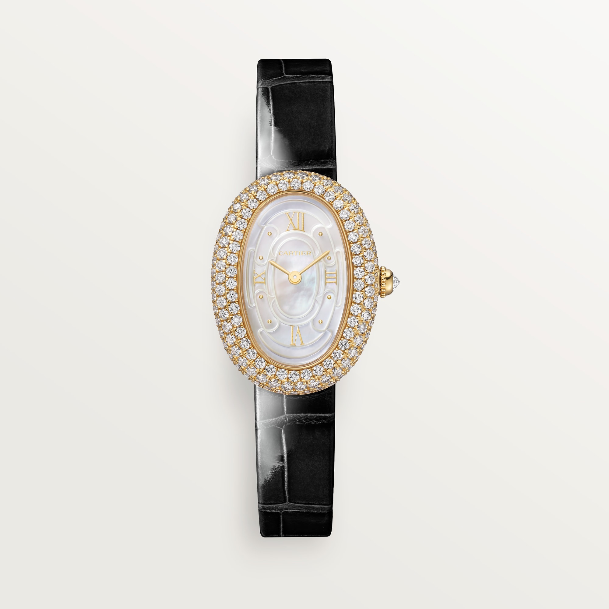 Clear, single view of the Cartier Baignoire small gold watch, emphasizing its oval case and black leather strap.
