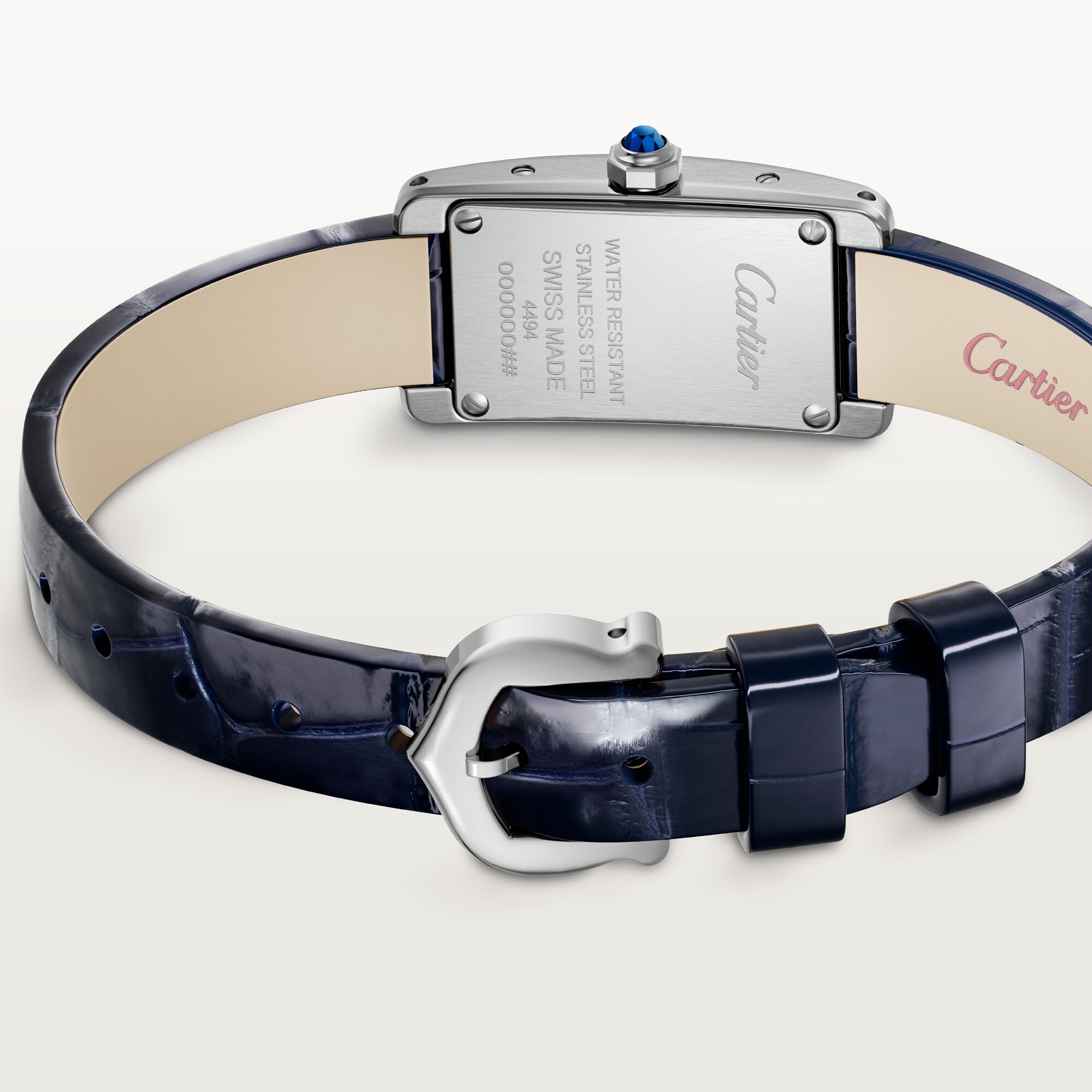 Close-up of the caseback and navy blue leather strap with clasp of the mini Tank Américaine dupe Cartier watch.