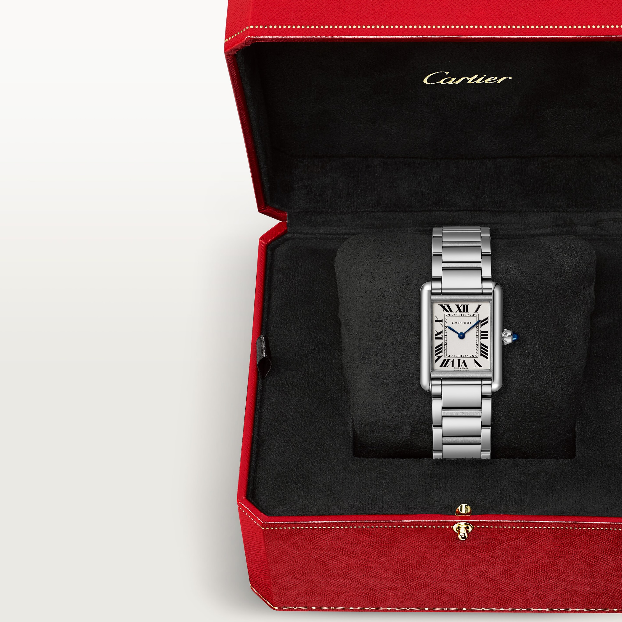Small model Tank Must dupe Cartier watch in steel, presented in its signature red and black box.