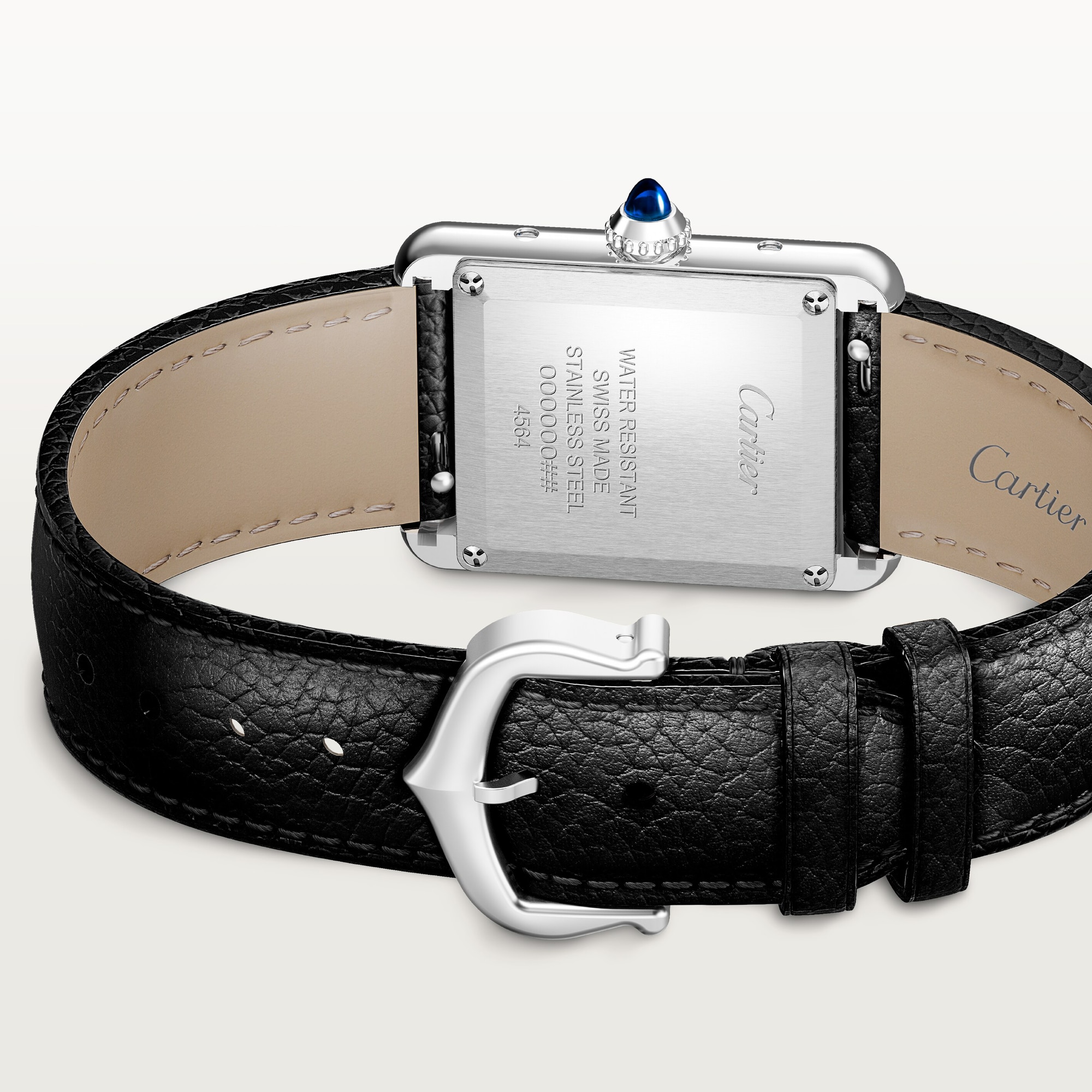 Close-up of the caseback and black leather strap with clasp of the small Tank Must Solarbeat™ dupe Cartier watch.