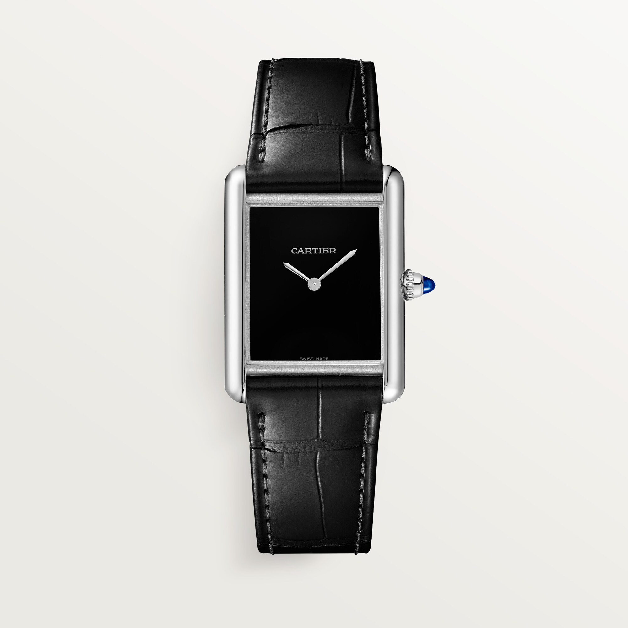 Front view of the large Tank Must dupe Cartier watch with a steel case, black dial, and black leather strap.