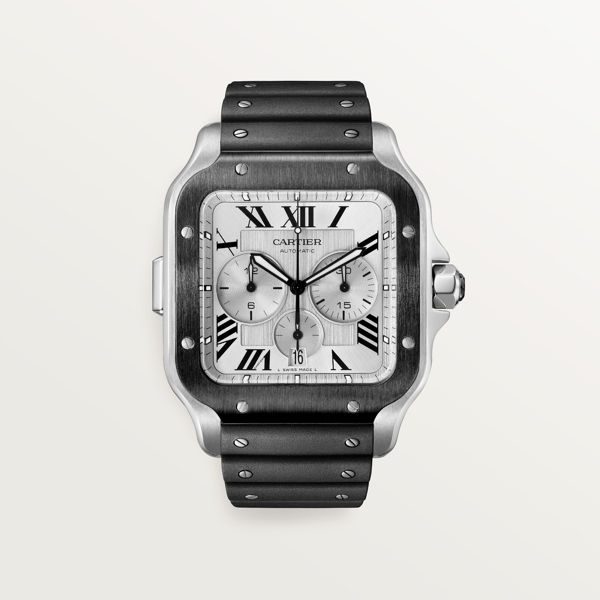 A Santos de Cartier chronograph watch featuring a square steel case, silver dial with black Roman numerals, a black bezel, and a black strap.