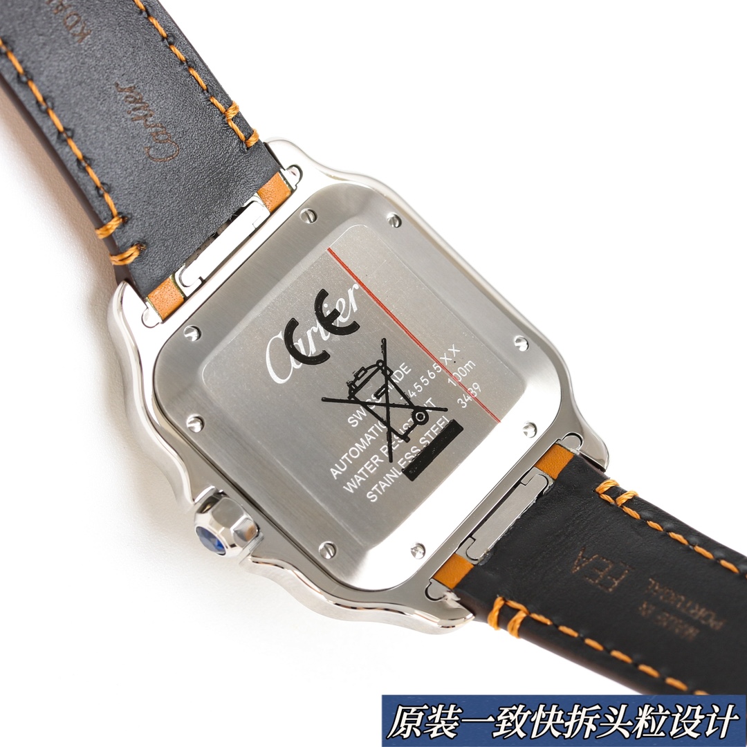 View of the caseback of the BVF Super Clone Cartier Santos silver case replica watch, showing engravings and the orange leather strap.