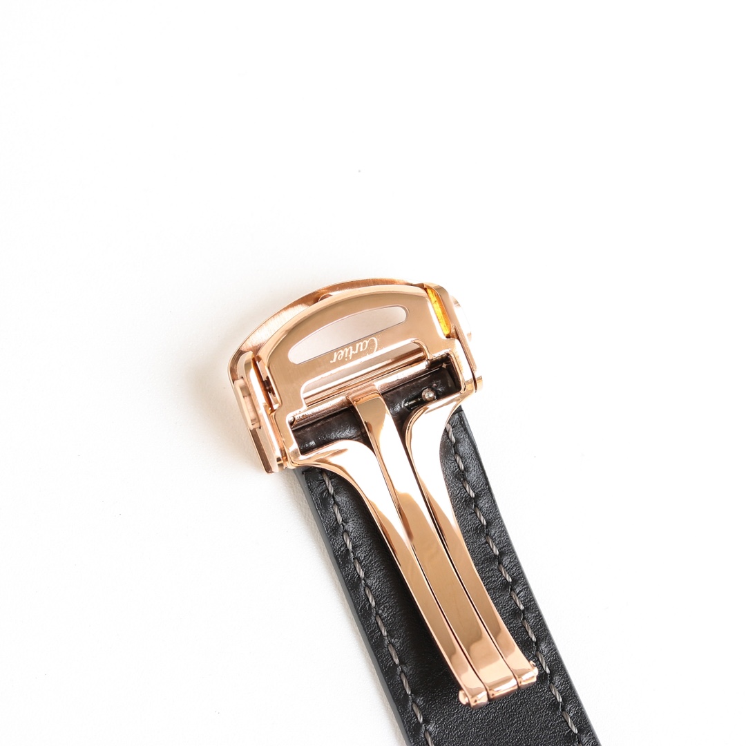 Close-up of the rose gold deployment clasp of the BVF Super Clone Cartier Santos replica watch, featuring the Cartier logo.