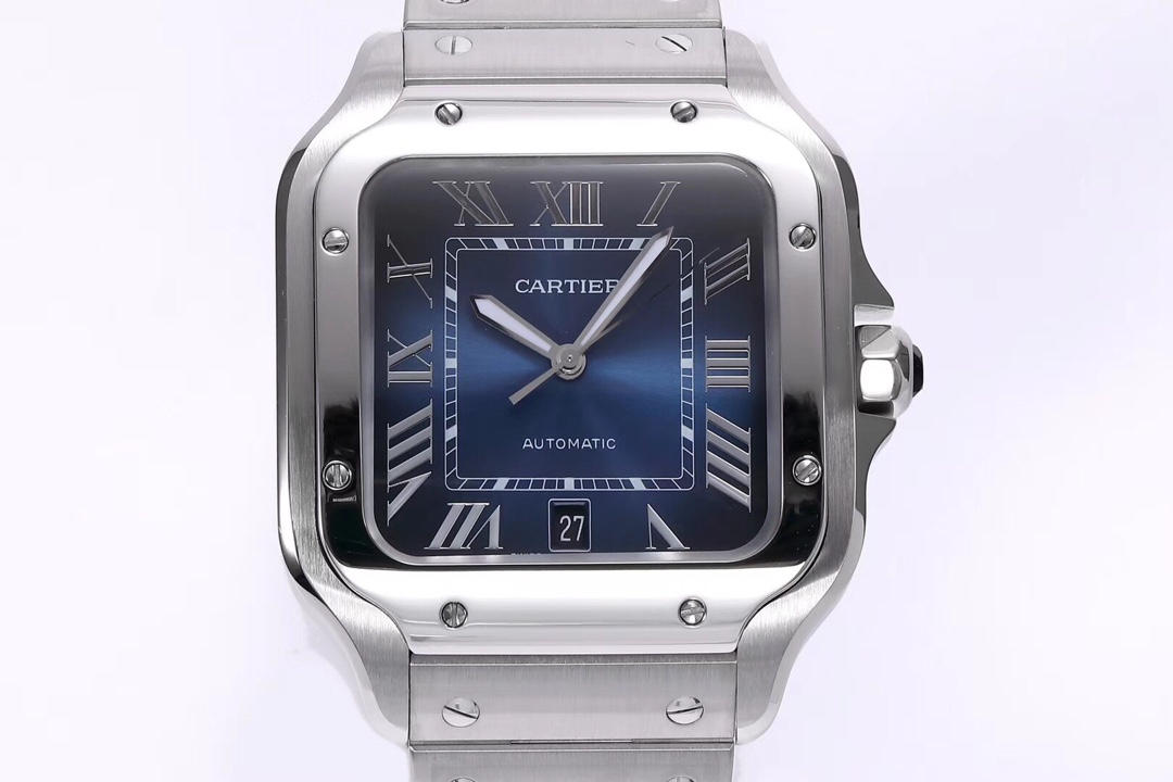 Front view of the BVF Super Clone Cartier Santos silver case replica watch with a blue dial, date display, and steel bracelet.