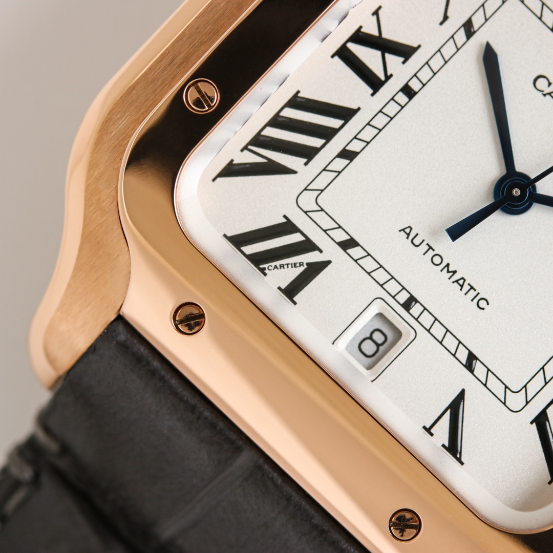 Detailed close-up of the dial of the BVF Super Clone Cartier Santos rose gold replica watch, highlighting the date window and Roman numerals.