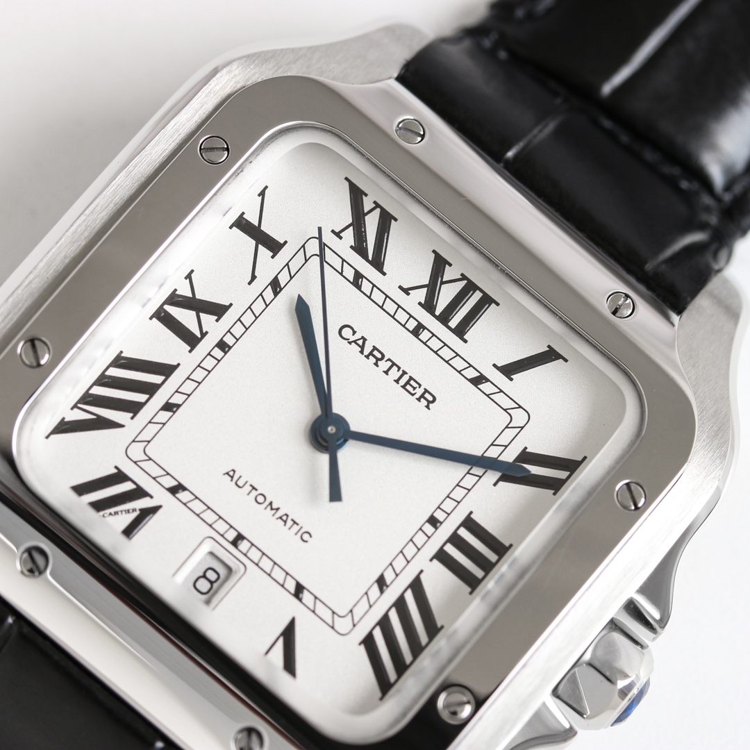Close-up of the dial of the Taiwan Factory Super Clone Cartier Santos silver case replica watch, clearly showing the blue hands and 