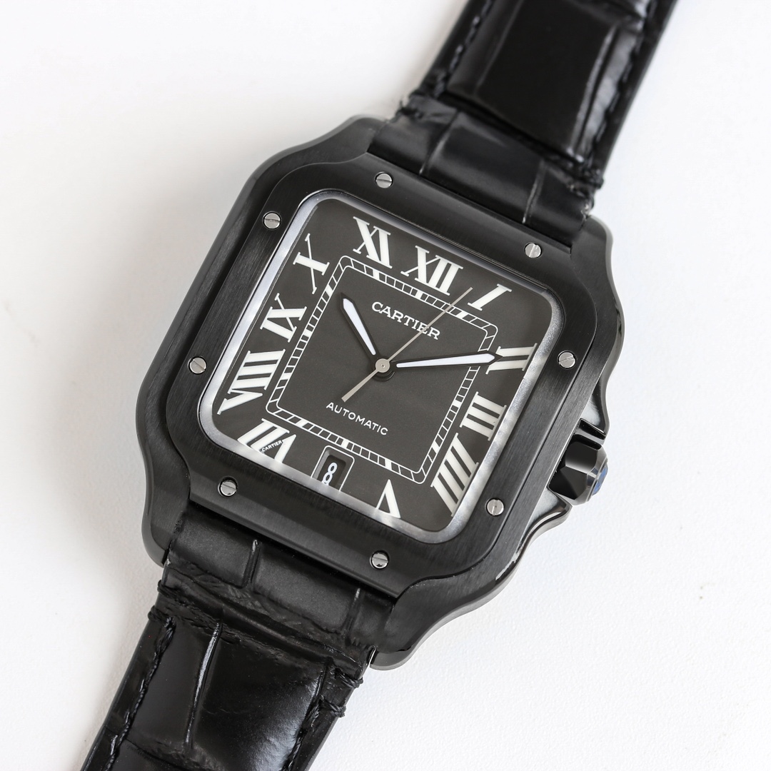 Angled view of the BVF Super Clone Cartier Santos black case replica watch showcasing the black case and dial details