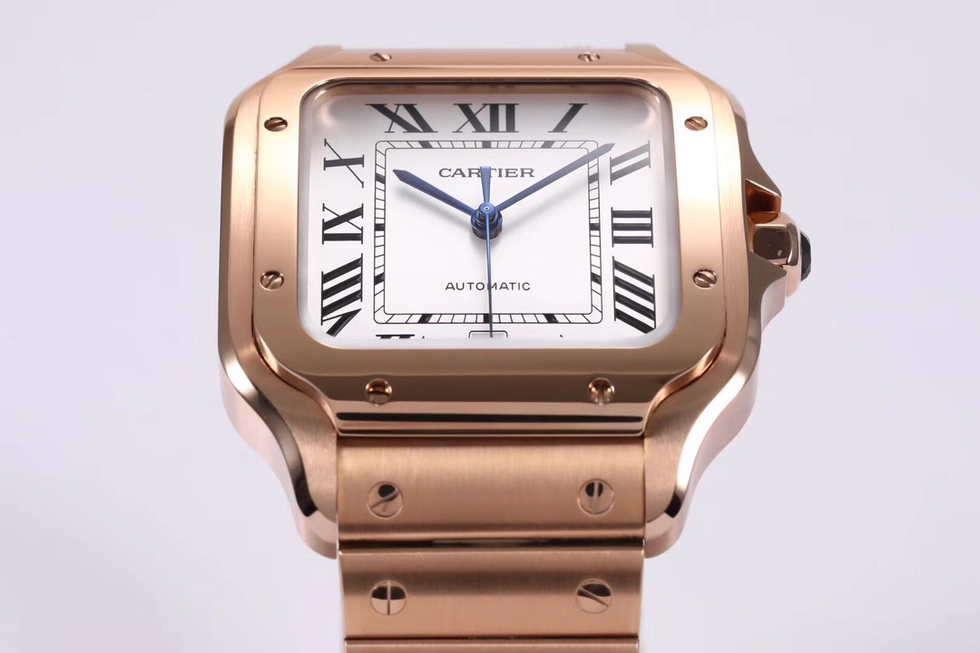 Angled view of the BVF Super Clone Cartier Santos rose gold replica watch, highlighting the rose gold case and blue hands.