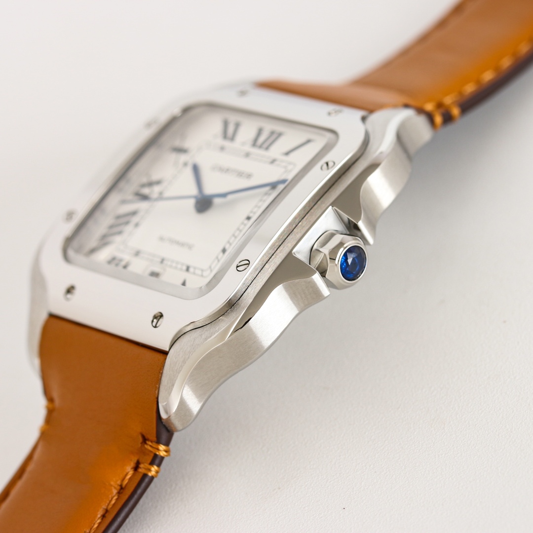 Side angle view of the BVF Super Clone Cartier Santos silver case replica watch, with a close-up of the blue gemstone on the crown.