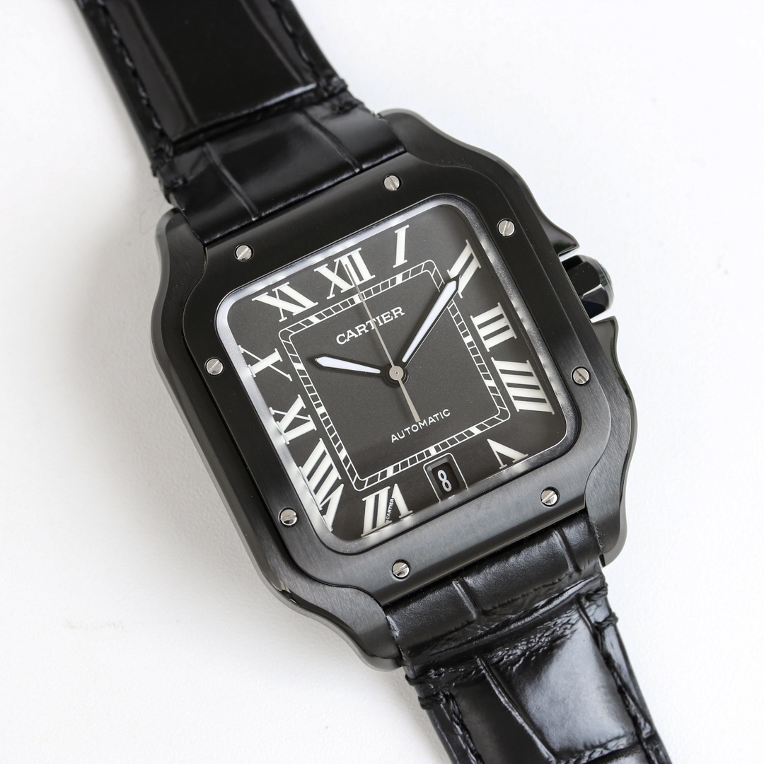 Overhead view of the BVF Super Clone Cartier Santos black case replica watch with black dial and Roman numerals