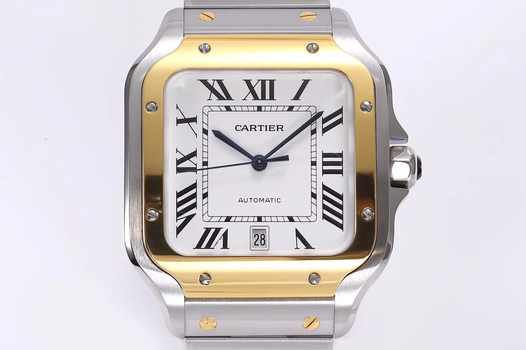 Front view of the BVF Super Clone Cartier Santos two-tone case replica watch with a white dial, date display, and steel bracelet.