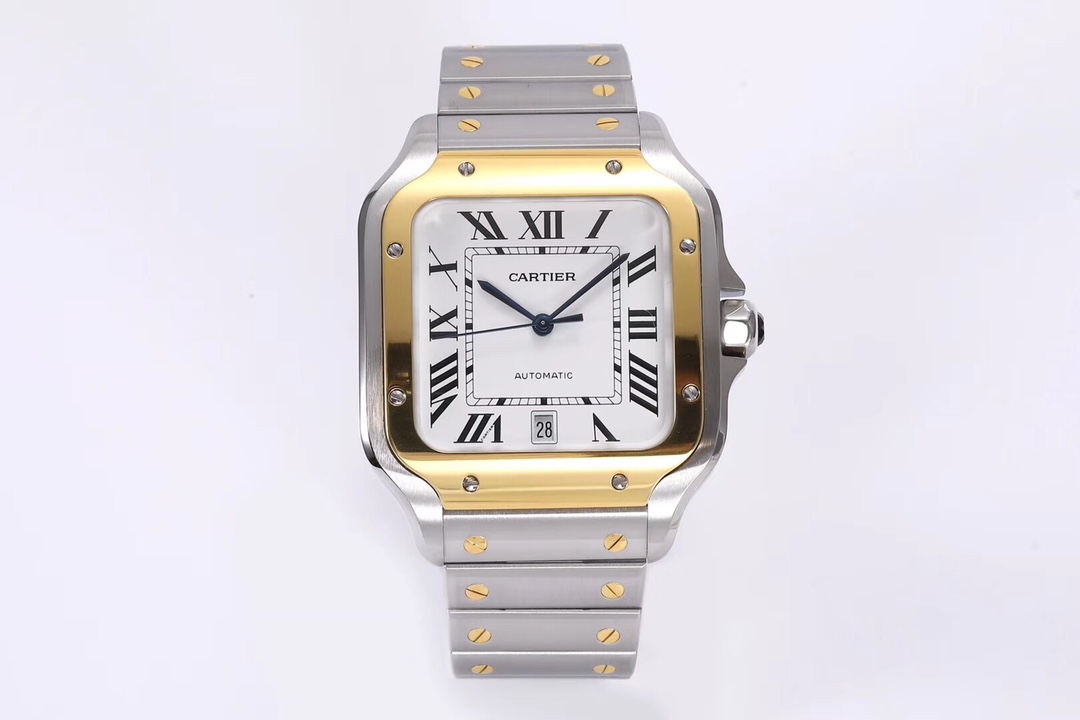Full view of the BVF Super Clone Cartier Santos two-tone case replica watch, showcasing its gold and steel design and steel bracelet.