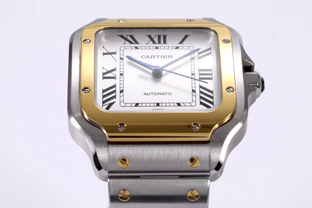 Angled view of the BVF Super Clone Cartier Santos two-tone case replica watch, highlighting the gold and steel case and blue hands.