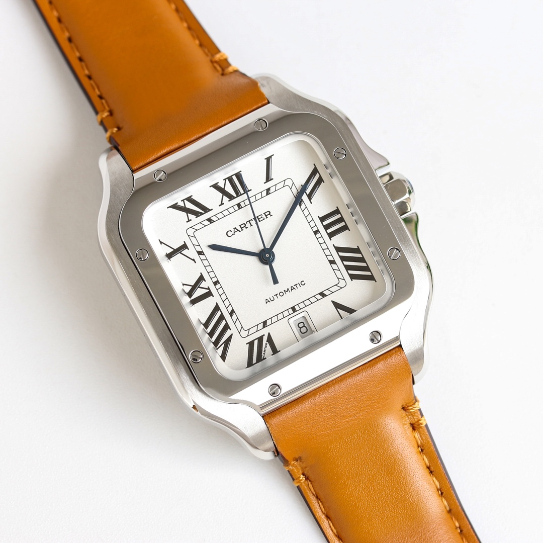Angled view of the BVF Super Clone Cartier Santos silver case replica watch, highlighting the silver case with its vibrant orange leather strap.