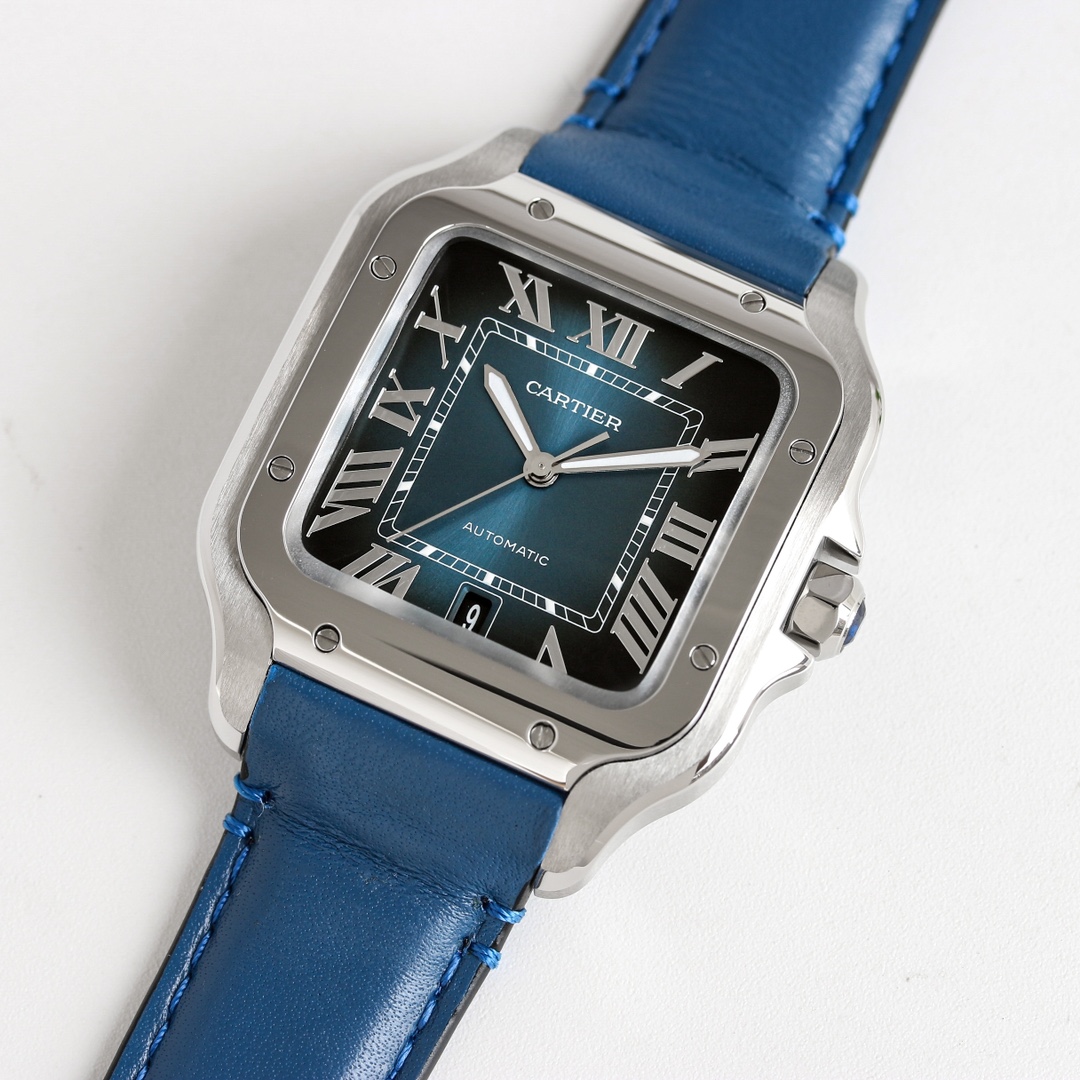Another angled view of the BVF Super Clone Cartier Santos silver case replica watch, emphasizing the blue gemstone on the crown and the blue strap.