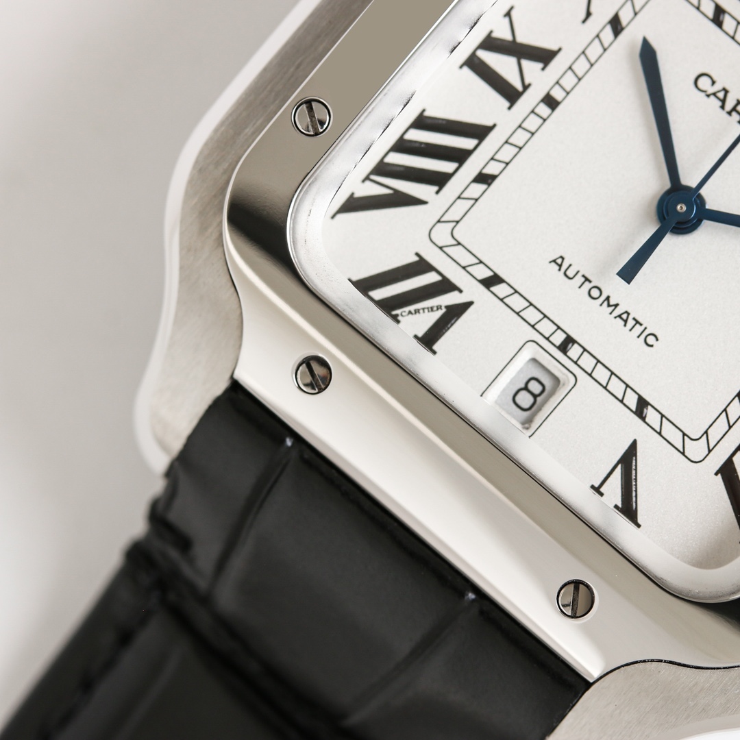 Detailed close-up of the dial of the Taiwan Factory Super Clone Cartier Santos silver case replica watch, highlighting the date window and Roman numerals.