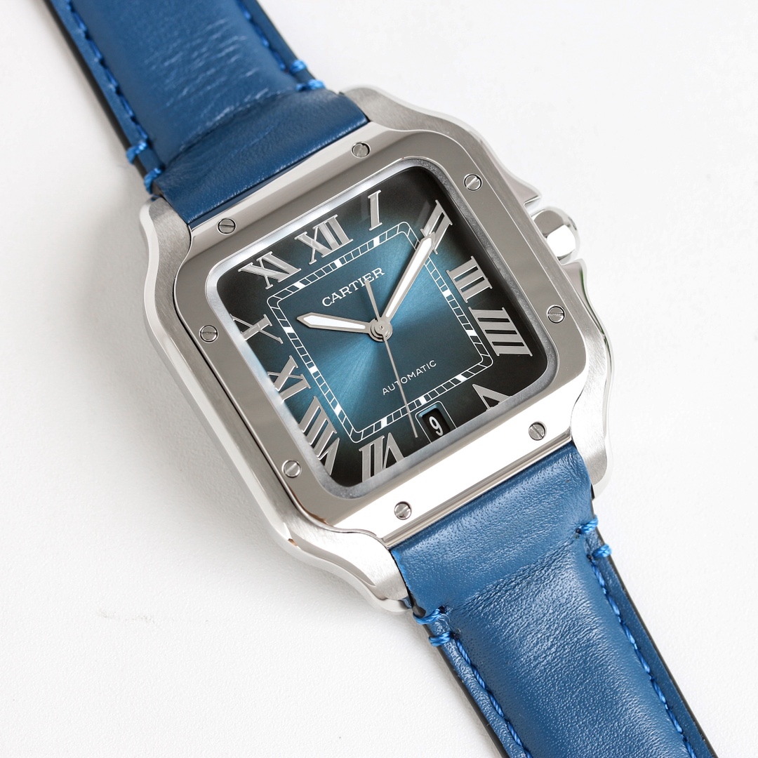 Angled view of the BVF Super Clone Cartier Santos silver case replica watch, highlighting the silver case with its blue leather strap.