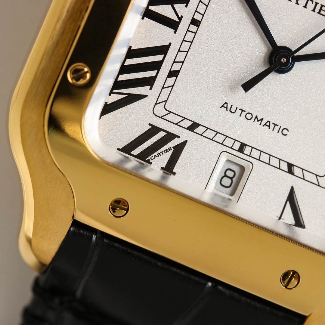 Detailed close-up of the dial of the BVF Super Clone Cartier Santos gold case replica watch, highlighting the date window and minute track.