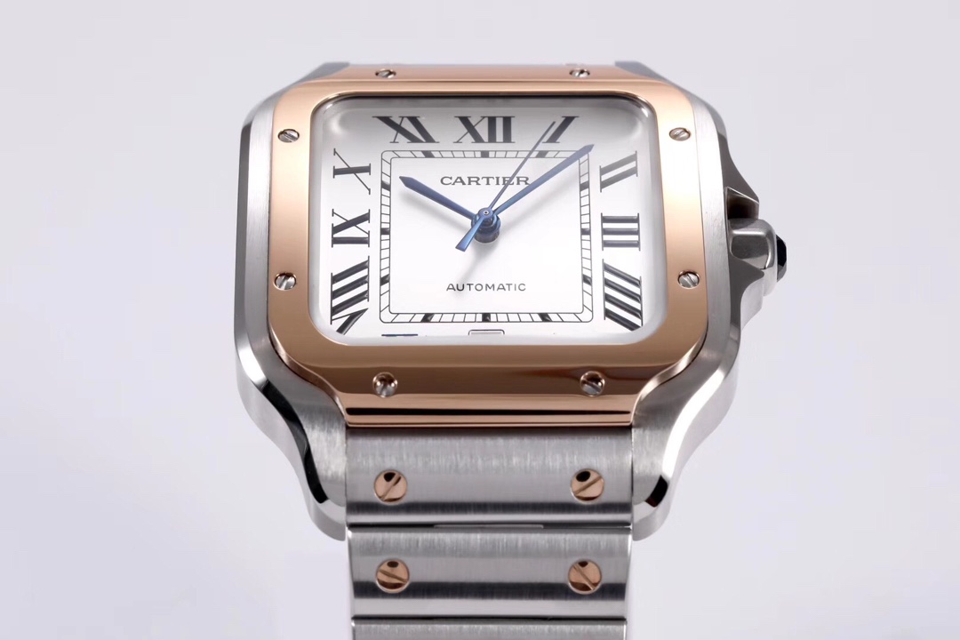 Angled view of the BVF Super Clone Cartier Santos rose gold and steel two-tone replica watch, highlighting the rose gold and steel case and blue hands.