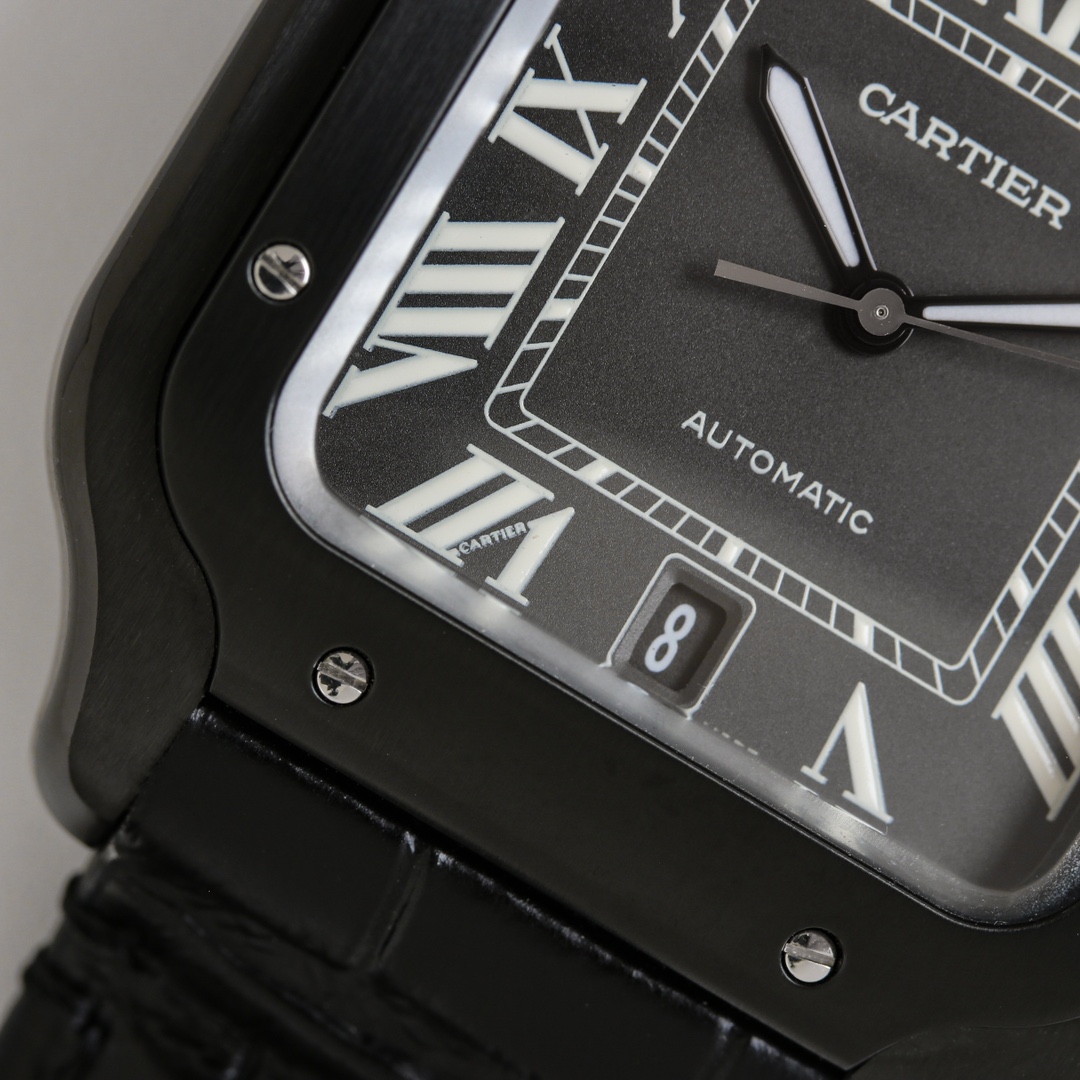 Detailed close-up of the dial of the BVF Super Clone Cartier Santos black case replica watch, highlighting the date window and minute track