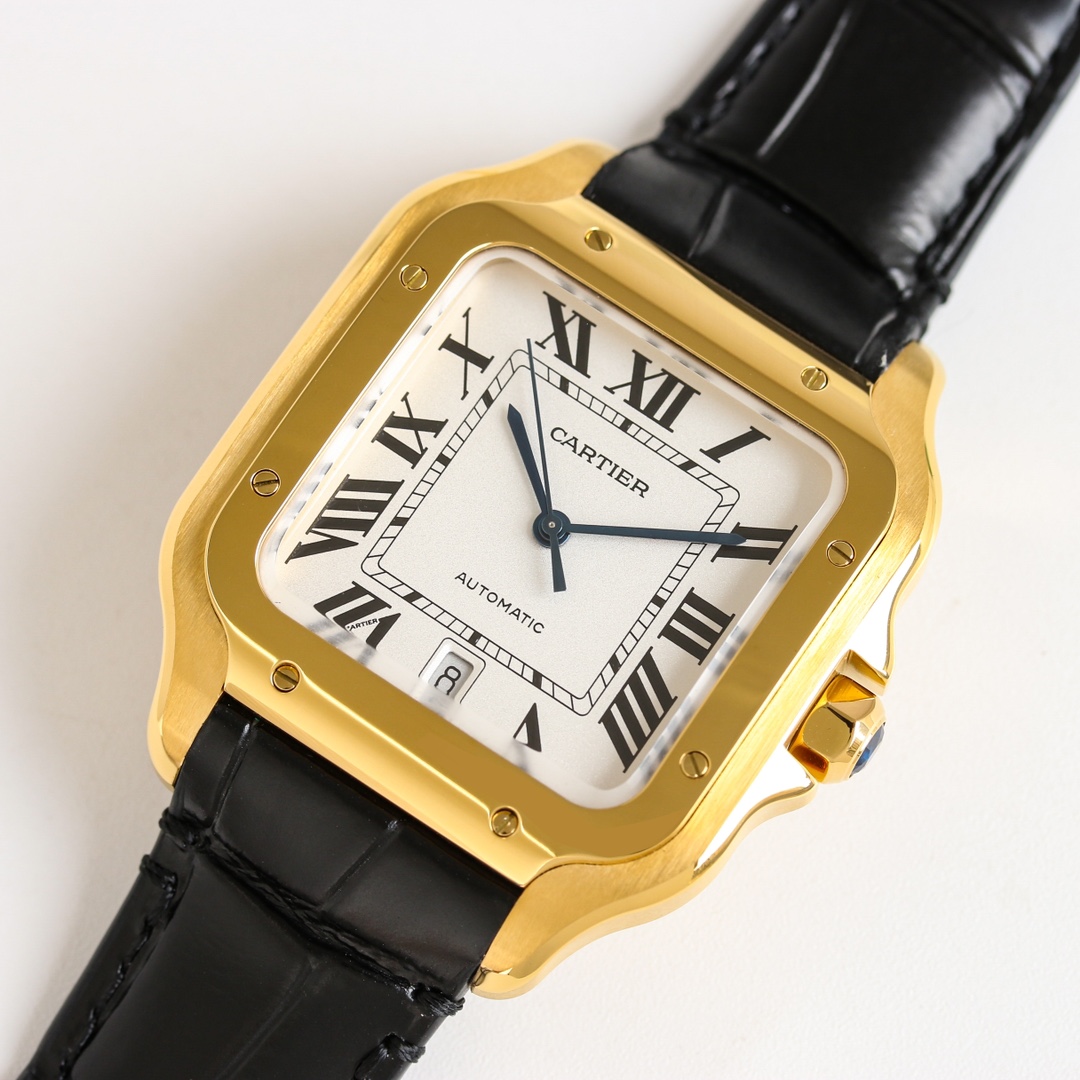 Diagonal view of the BVF Super Clone Cartier Santos gold case replica watch, highlighting the gold case with black leather strap.
