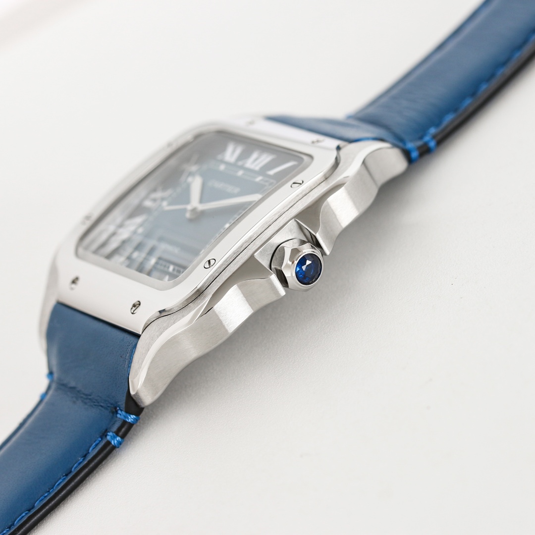 Side angle view of the BVF Super Clone Cartier Santos silver case replica watch, with a close-up of the blue gemstone on the crown.