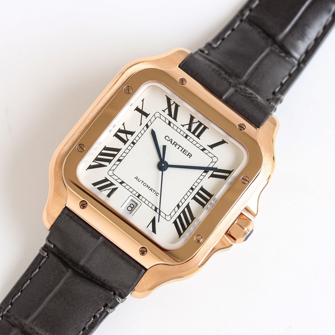 Angled view of the BVF Super Clone Cartier Santos rose gold replica watch, highlighting the rose gold case with black leather strap.