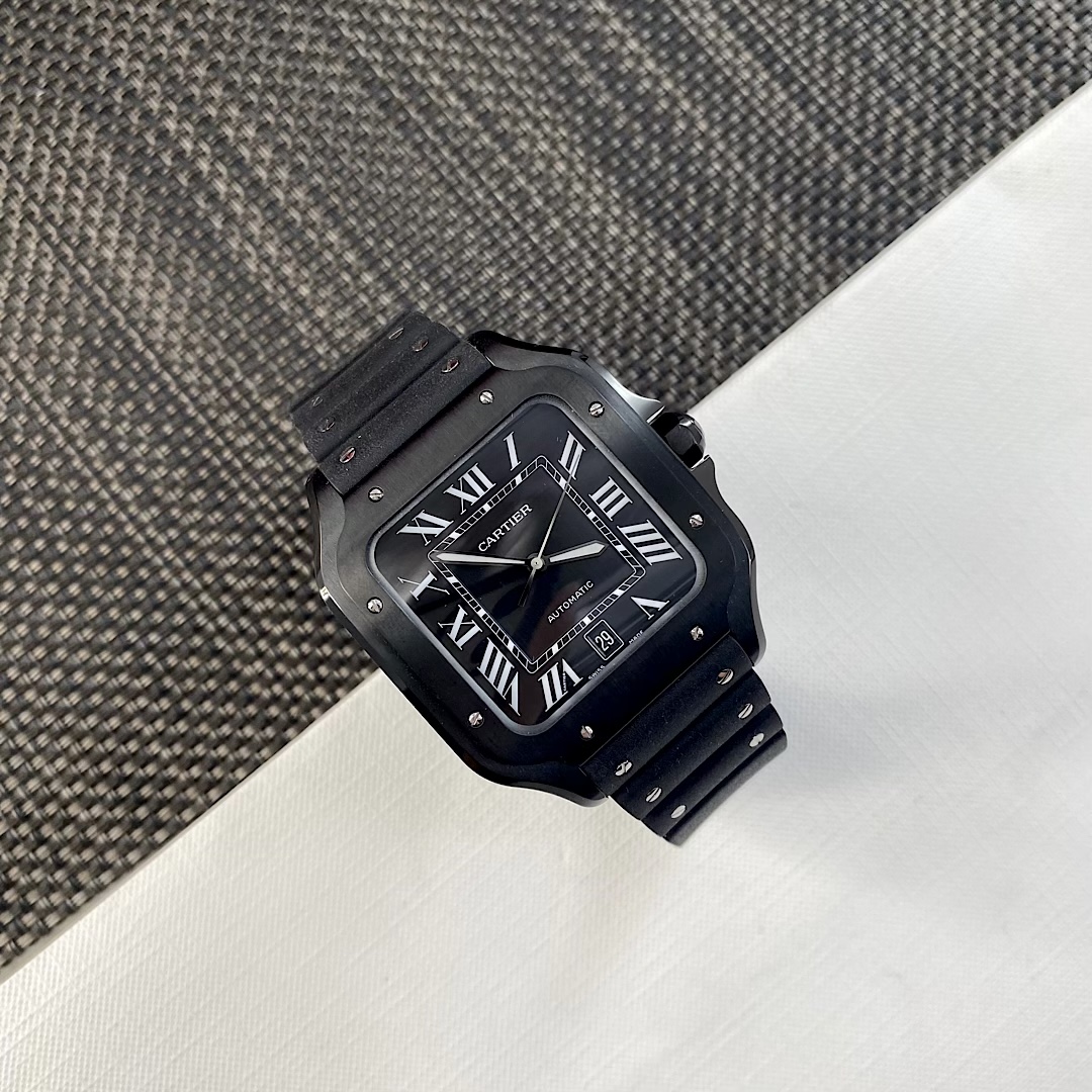 Top-down view of the BVF Super Clone Cartier Santos WSSA0039 black case replica watch, displaying its overall design and black rubber strap.
