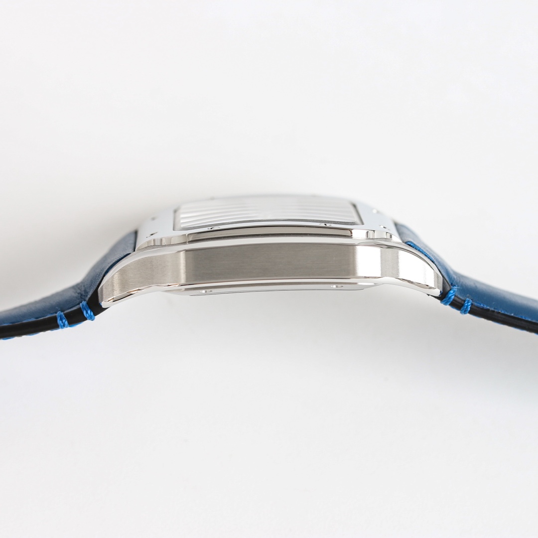 Side profile view of the BVF Super Clone Cartier Santos silver case replica watch, with its blue leather strap.