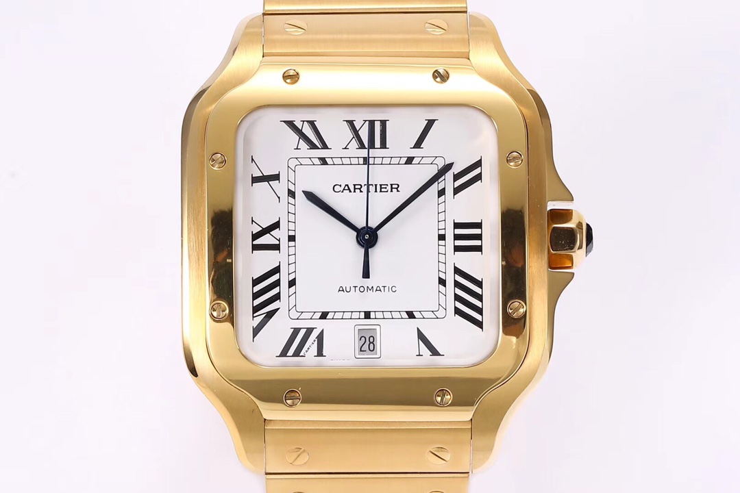 BVF Super Clone Cartier Santos replica watch front view, featuring a gold and steel case, white dial, date display, and steel bracelet.