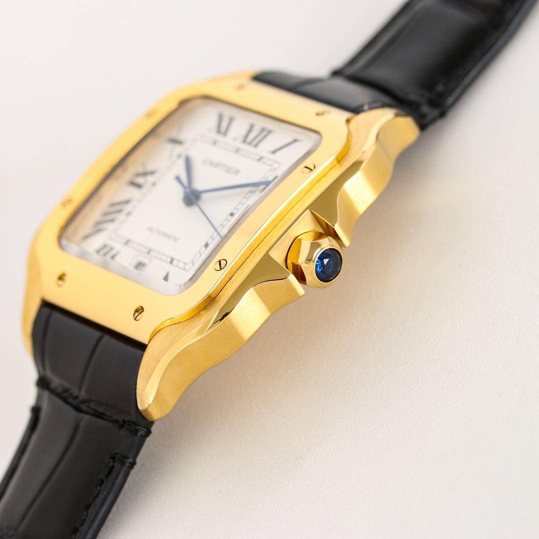 Close-up of the crown of the BVF Super Clone Cartier Santos gold case replica watch, featuring the iconic blue gemstone.