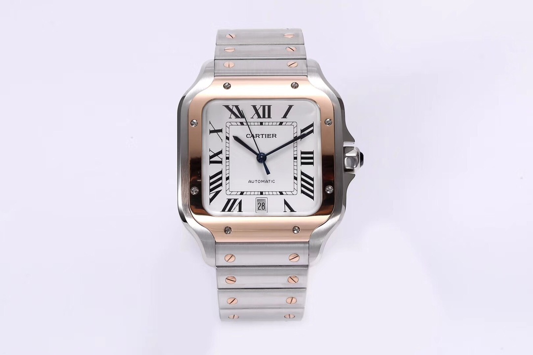 Full view of the BVF Super Clone Cartier Santos rose gold and steel two-tone replica watch, showcasing its dual-tone design and steel bracelet.