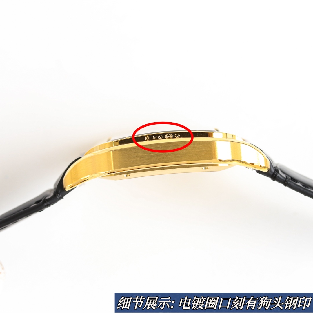 Side view of the BVF Super Clone Cartier Santos gold case replica watch, showing markings and details on the case edge.