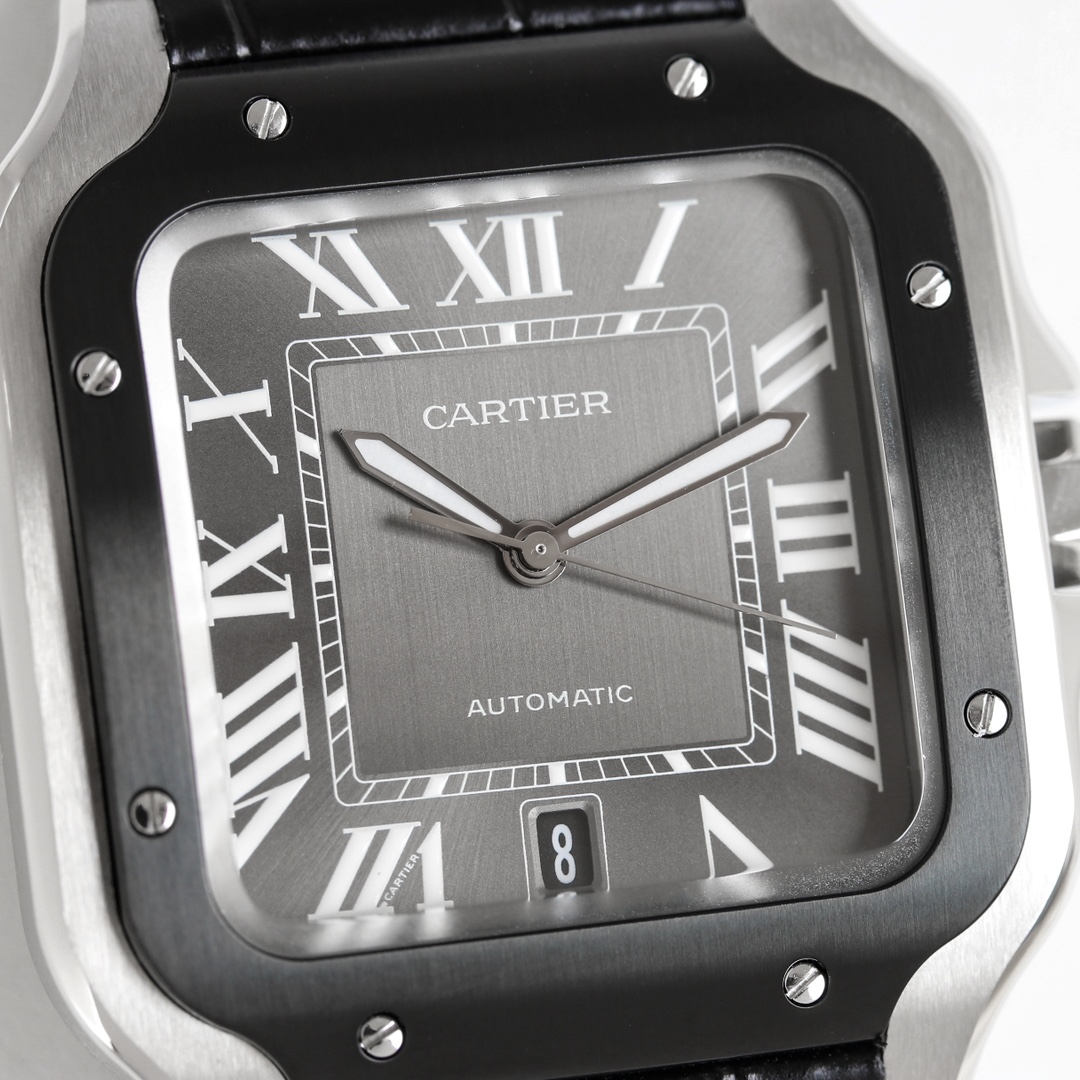 Full close-up of the dial of the BVF Super Clone Cartier Santos Black & Steel case replica watch, emphasizing dial details and 