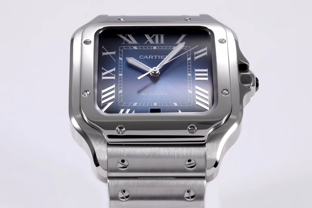 Angled view of the BVF Super Clone Cartier Santos silver case replica watch, highlighting the blue dial and steel bracelet.