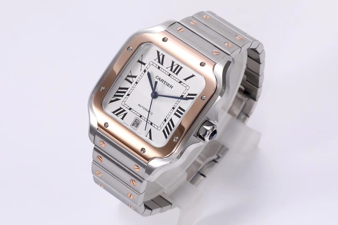 BVF Super Clone Cartier Santos rose gold and steel two-tone replica watch clearly displaying the date window and its elegant rose gold and steel bracelet.