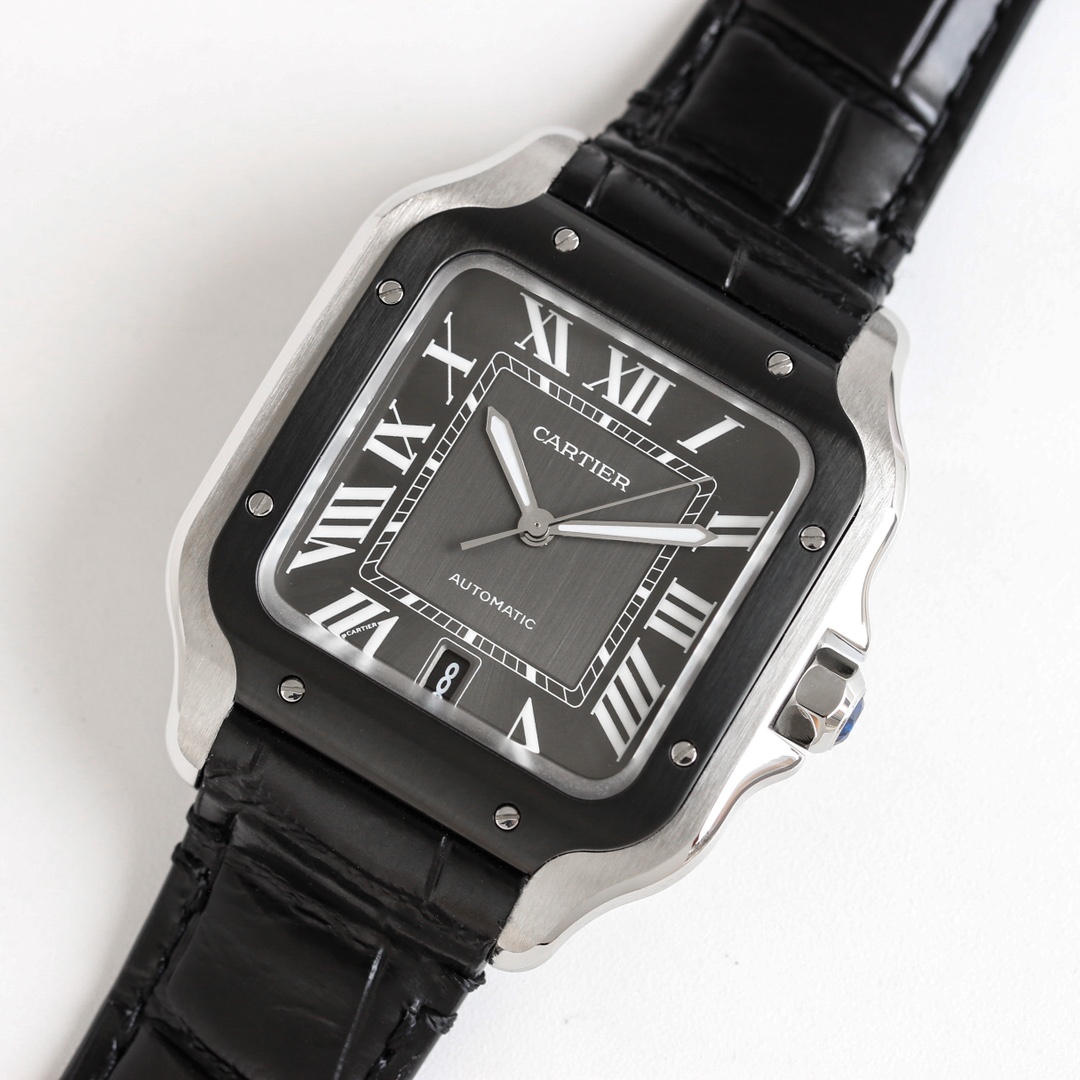 Diagonal view of the BVF Super Clone Cartier Santos Black & Steel case replica watch, highlighting the black and steel case with black leather strap.