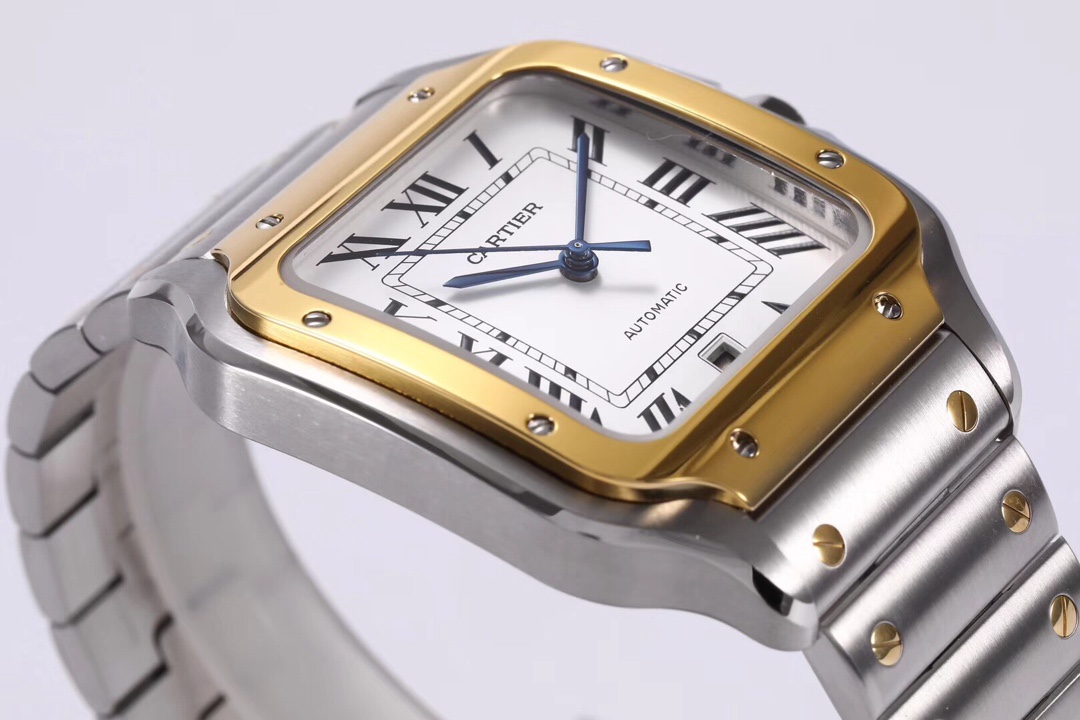 Side view of the BVF Super Clone Cartier Santos two-tone case replica watch, focusing on the white dial and gold and steel bracelet.