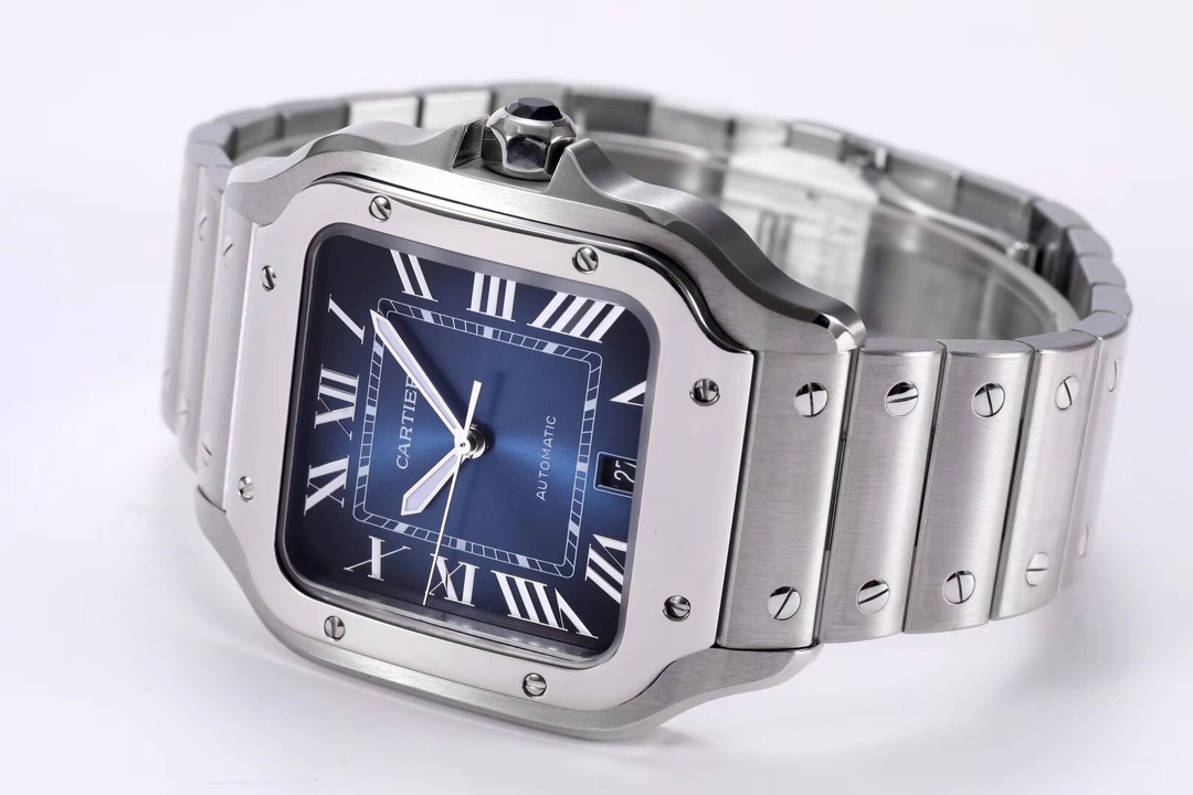 Angled view of the BVF Super Clone Cartier Santos silver case replica watch, with a close-up of the crown and the steel bracelet.