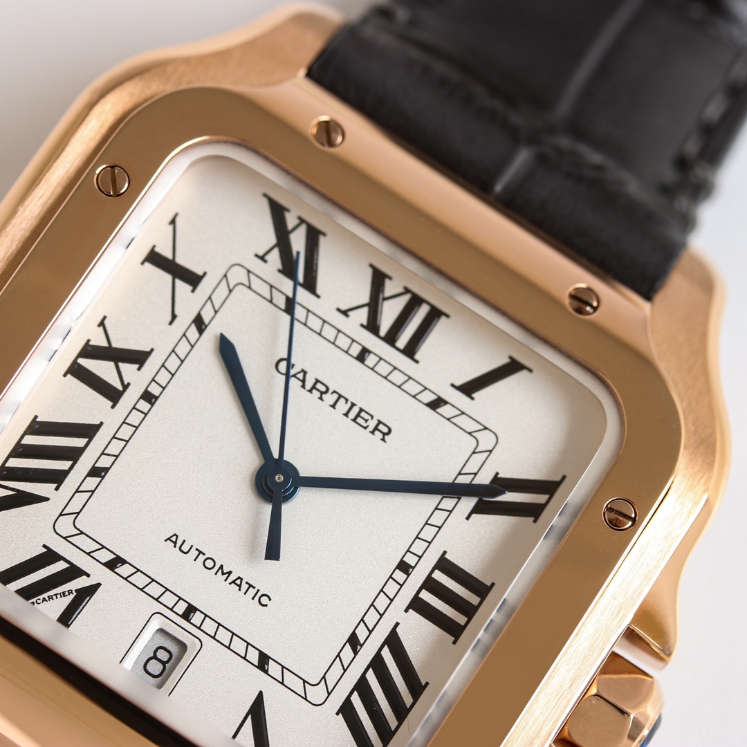 Close-up of the dial of the BVF Super Clone Cartier Santos rose gold replica watch, clearly showing the 