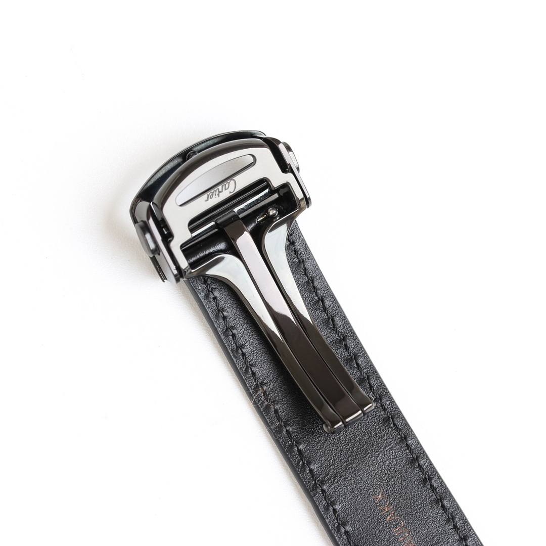Black leather strap and buckle of the BVF Super Clone Cartier Santos black case replica watch