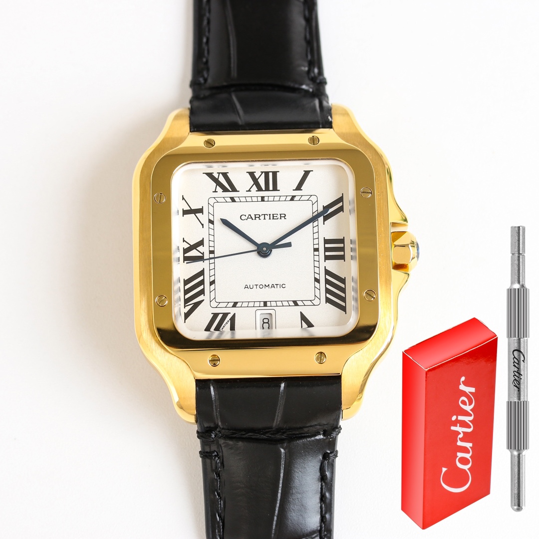 BVF Super Clone Cartier Santos gold case replica watch full view with date display, black leather strap, and red Cartier box.
