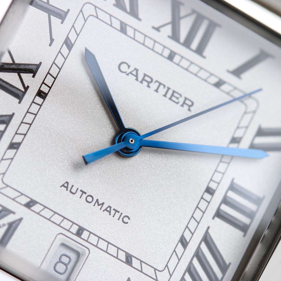 Close-up of the dial of the Taiwan Factory Super Clone Cartier Santos silver case replica watch, clearly showing the 