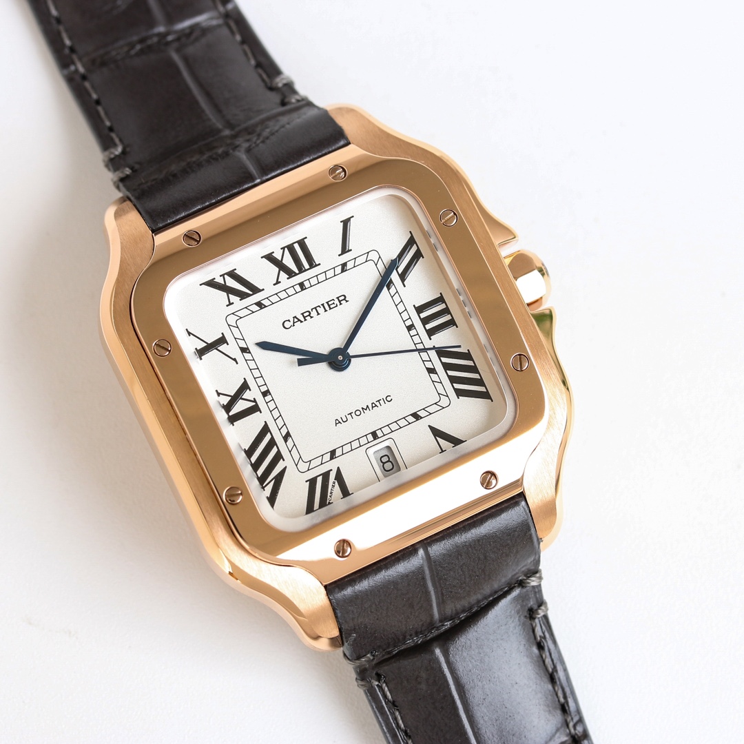 Top-down view of the BVF Super Clone Cartier Santos rose gold replica watch with a white dial and visible date window.