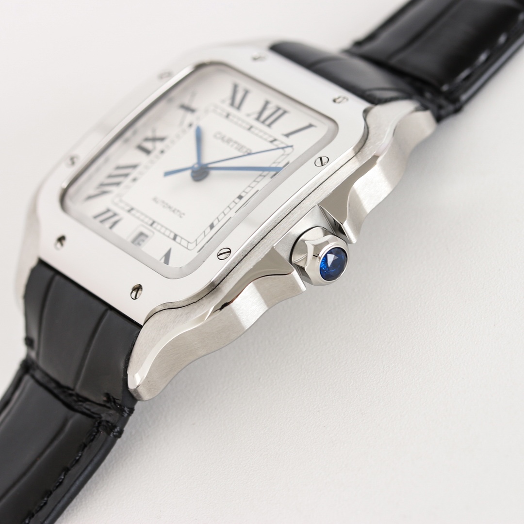 Side angle view of the Taiwan Factory Super Clone Cartier Santos silver case replica watch, with a close-up of the blue gemstone on the crown.