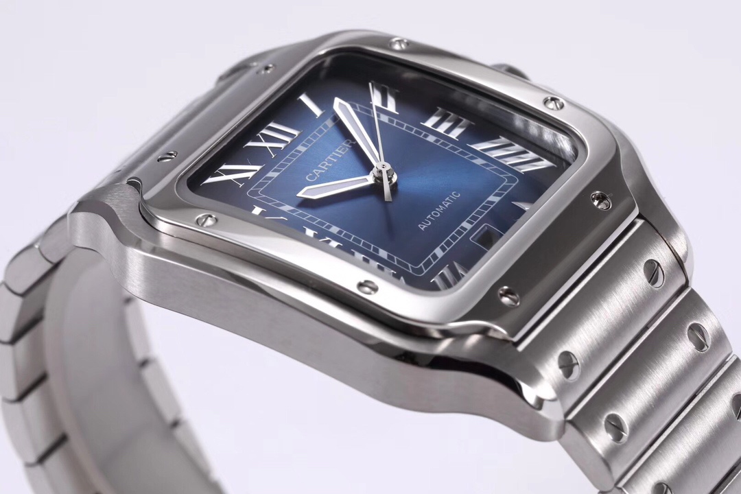 Side view of the BVF Super Clone Cartier Santos silver case replica watch, focusing on the blue dial and steel bracelet.