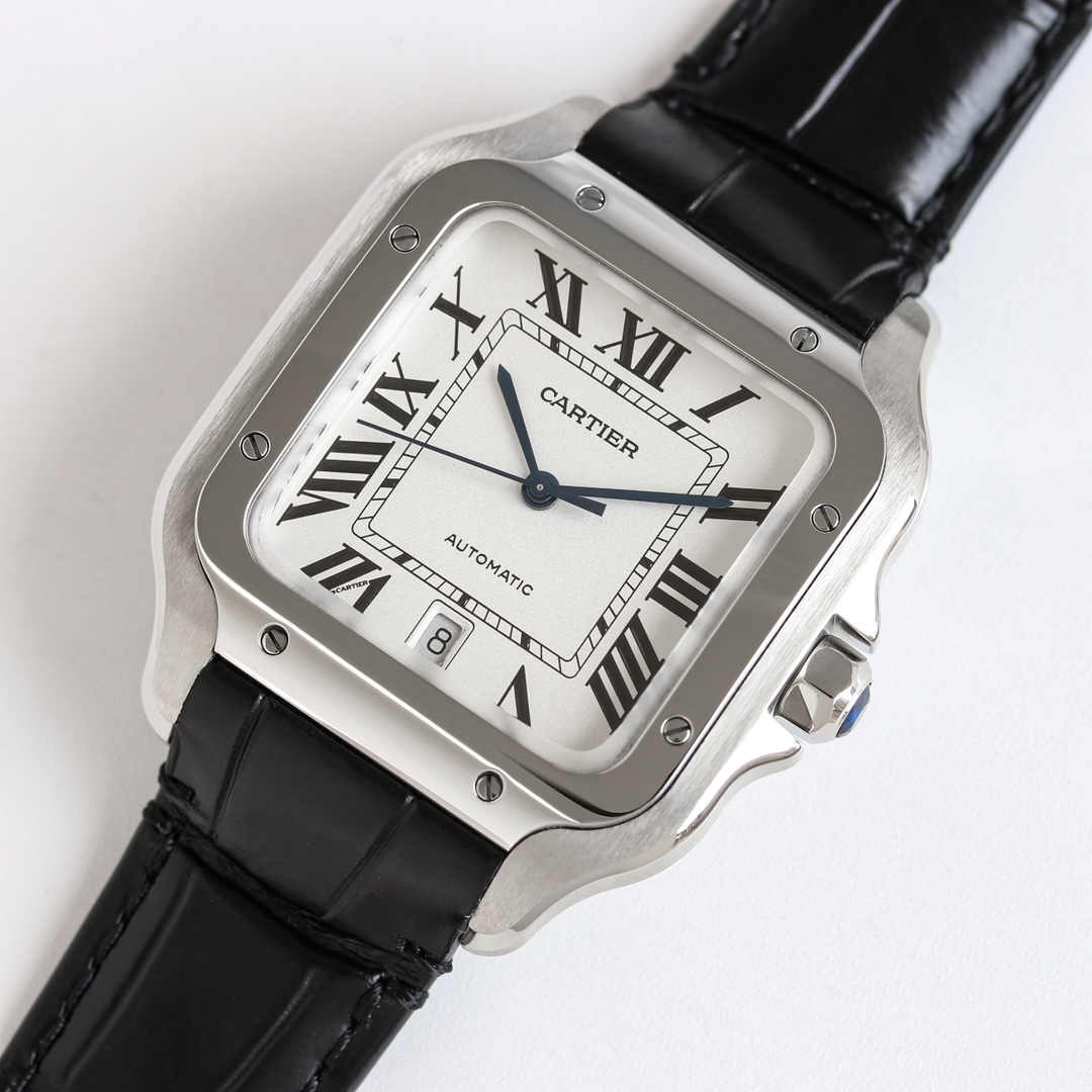 Another angled view of the Taiwan Factory Super Clone Cartier Santos silver case replica watch, emphasizing the blue gemstone on the crown and the black strap.