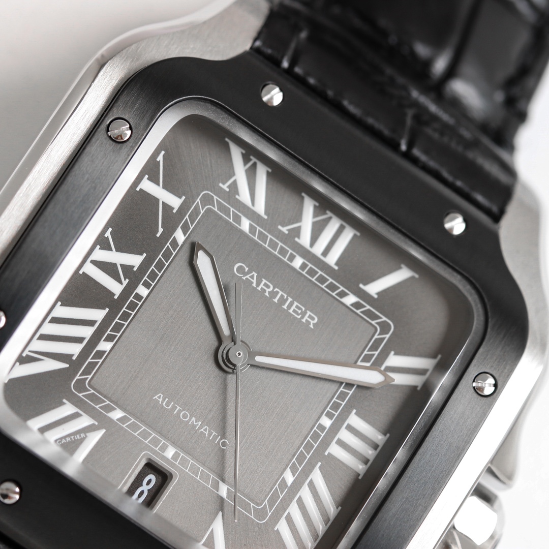 Top close-up of the dial of the BVF Super Clone Cartier Santos Black & Steel case replica watch, featuring the 