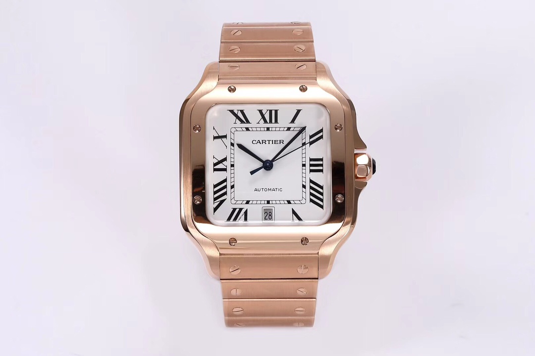 Full view of the BVF Super Clone Cartier Santos rose gold replica watch, showcasing its rose gold case and steel bracelet.